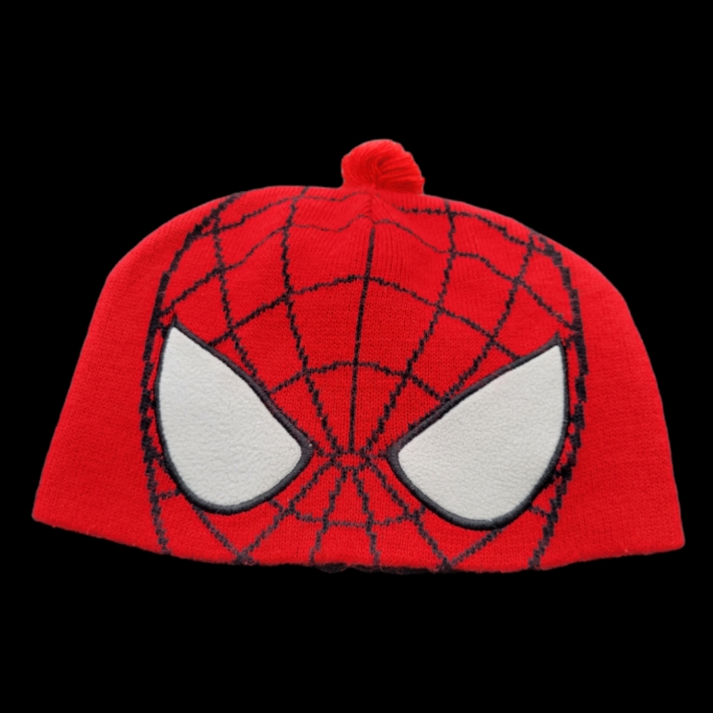Vtg Kids Spiderman Beanie Knitted Cap Hat Red/Black Reversible